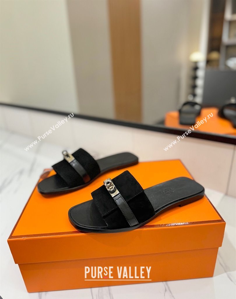 Hermes Giulia Flat Slides Sandal in Suede with Kelly Buckle Strap Black 2025 0421 (MD-250421047)