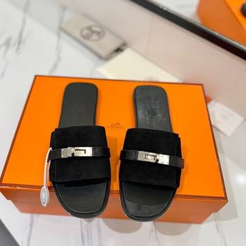 Hermes Giulia Flat Slides Sandal in Suede with Kelly Buckle Strap Black 2025 0421 (MD-250421047)