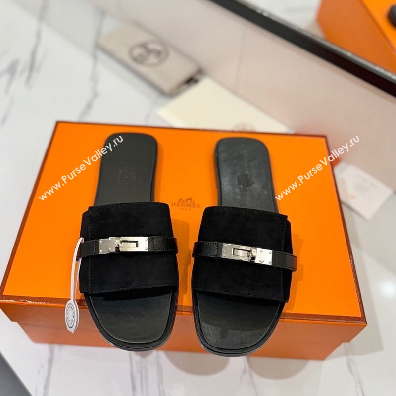 Hermes Giulia Flat Slides Sandal in Suede with Kelly Buckle Strap Black 2025 0421 (MD-250421047)