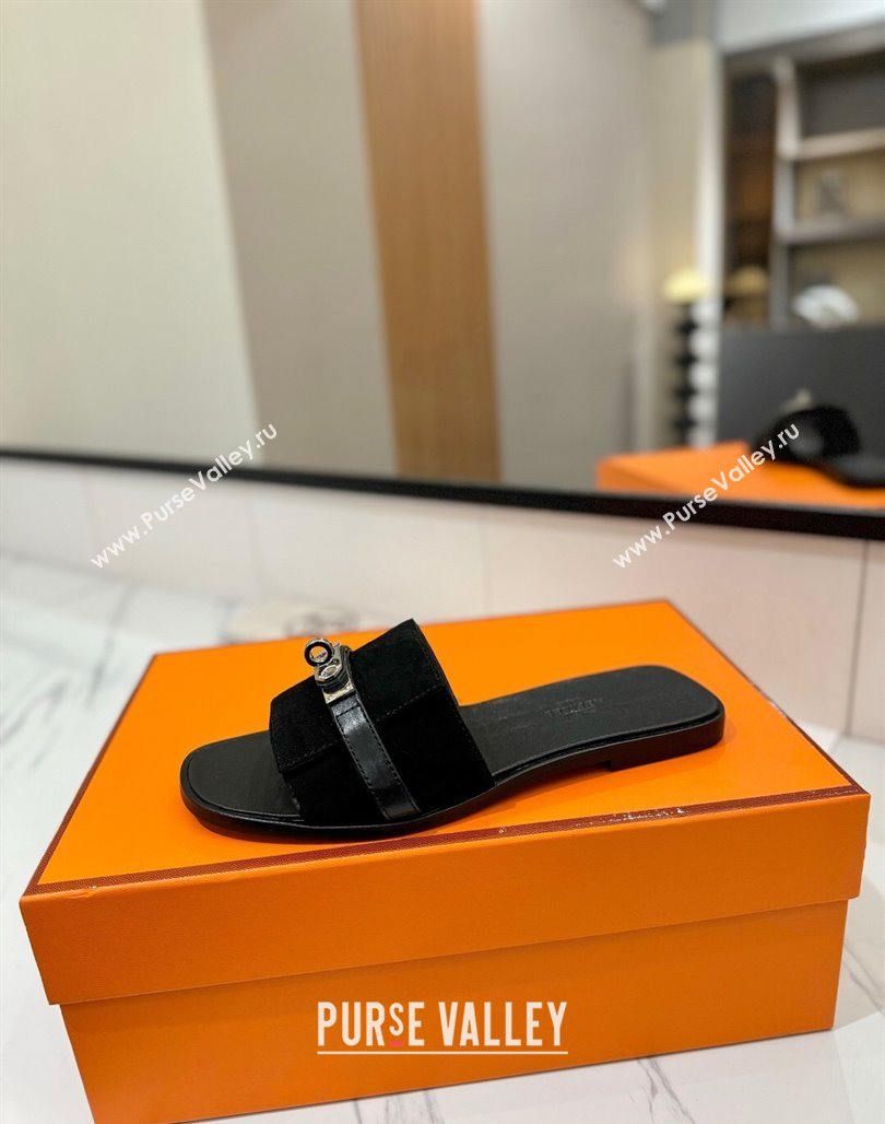 Hermes Giulia Flat Slides Sandal in Suede with Kelly Buckle Strap Black 2025 0421 (MD-250421047)