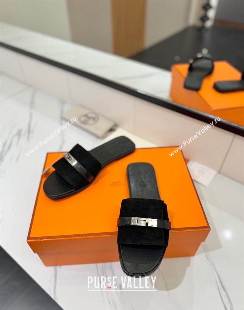 Hermes Giulia Flat Slides Sandal in Suede with Kelly Buckle Strap Black 2025 0421 (MD-250421047)
