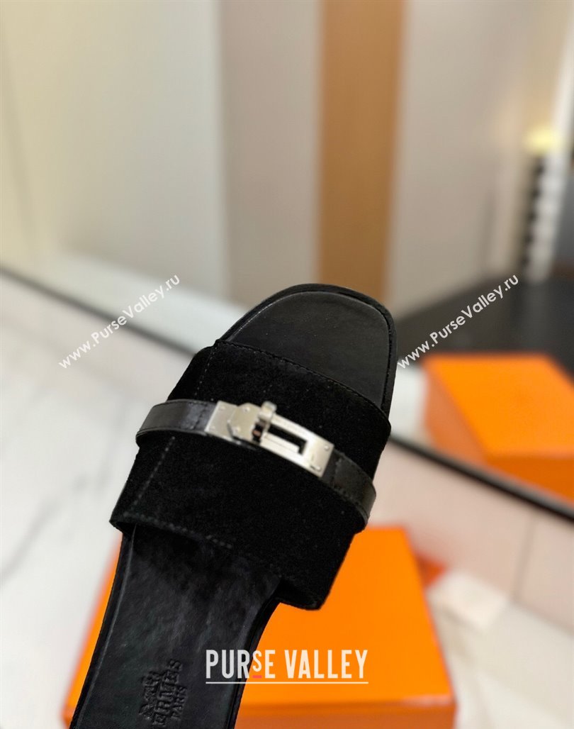 Hermes Giulia Flat Slides Sandal in Suede with Kelly Buckle Strap Black 2025 0421 (MD-250421047)