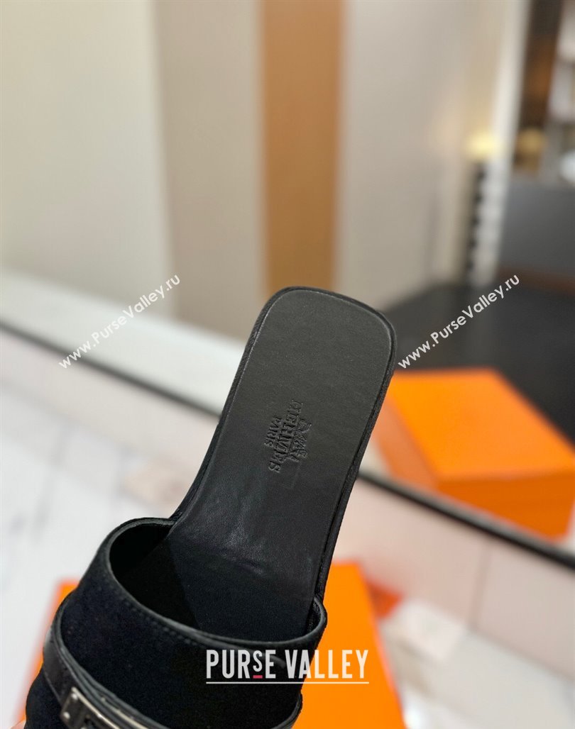 Hermes Giulia Flat Slides Sandal in Suede with Kelly Buckle Strap Black 2025 0421 (MD-250421047)