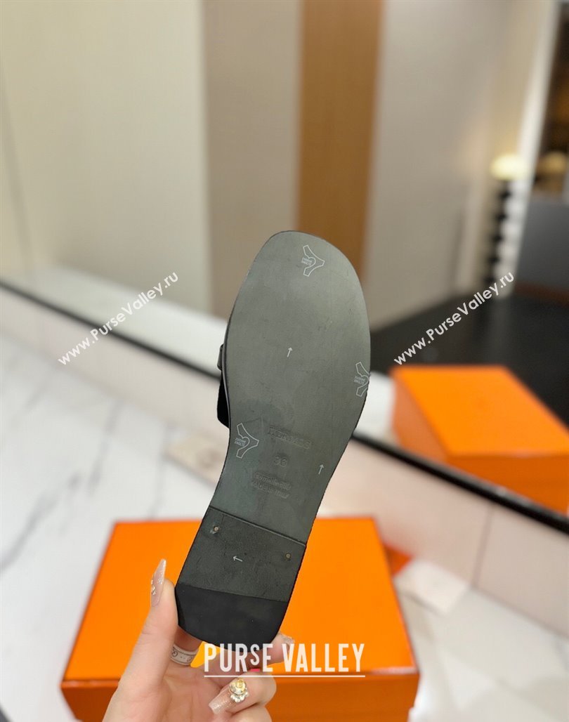 Hermes Giulia Flat Slides Sandal in Suede with Kelly Buckle Strap Black 2025 0421 (MD-250421047)