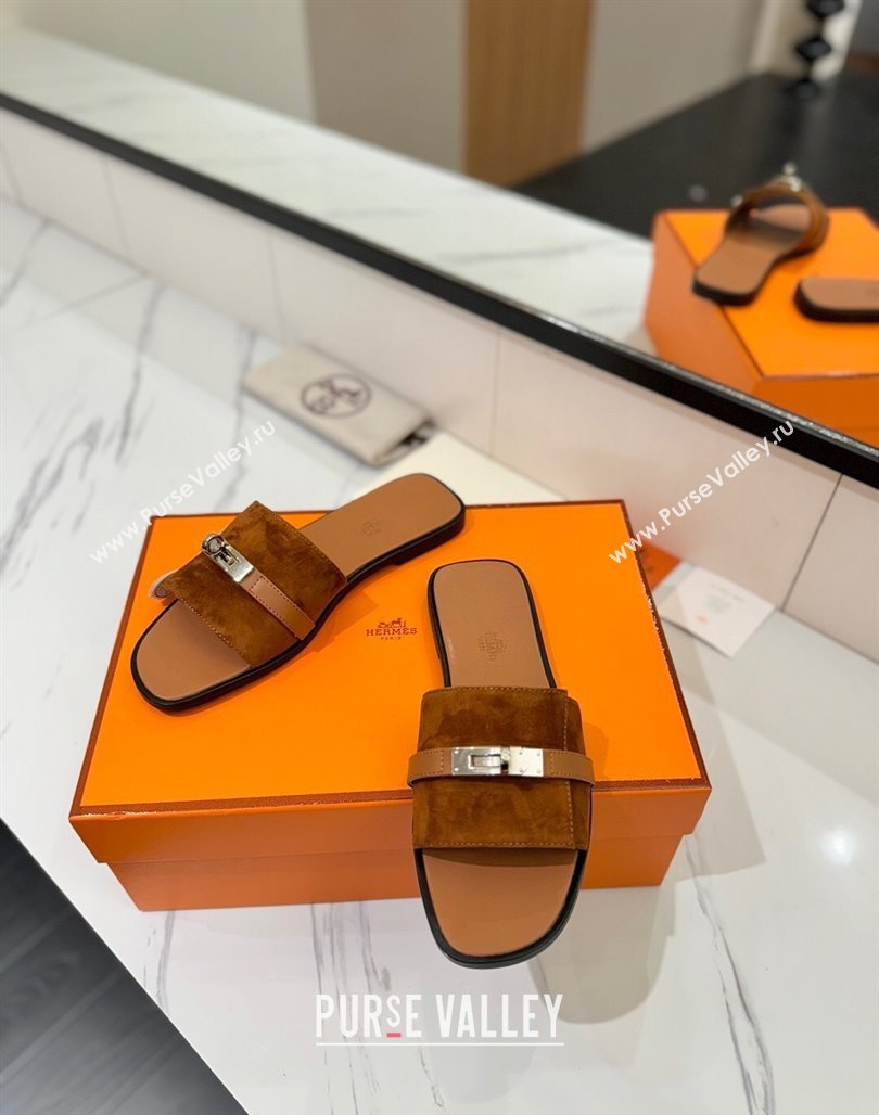Hermes Giulia Flat Slides Sandal in Suede with Kelly Buckle Strap Brown 2025 0421 (MD-250421048)