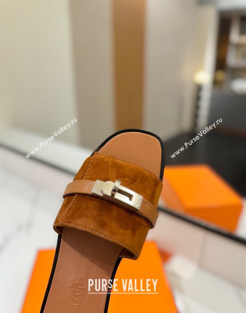 Hermes Giulia Flat Slides Sandal in Suede with Kelly Buckle Strap Brown 2025 0421 (MD-250421048)