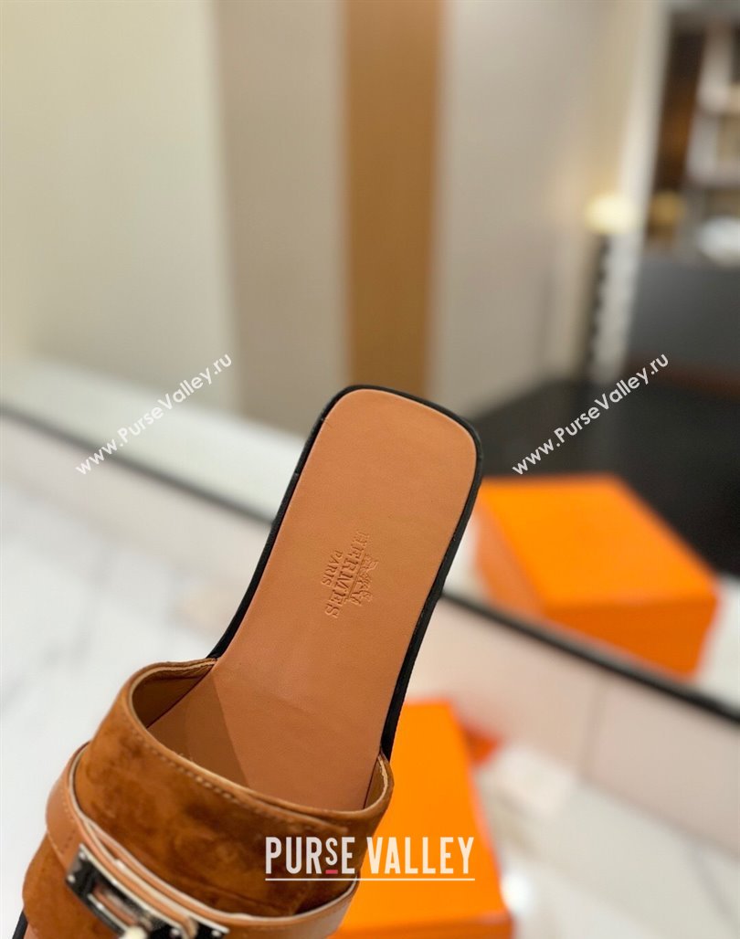 Hermes Giulia Flat Slides Sandal in Suede with Kelly Buckle Strap Brown 2025 0421 (MD-250421048)