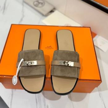 Hermes Giulia Flat Slides Sandal in Suede with Kelly Buckle Strap Grey 2025 0421 (MD-250421049)