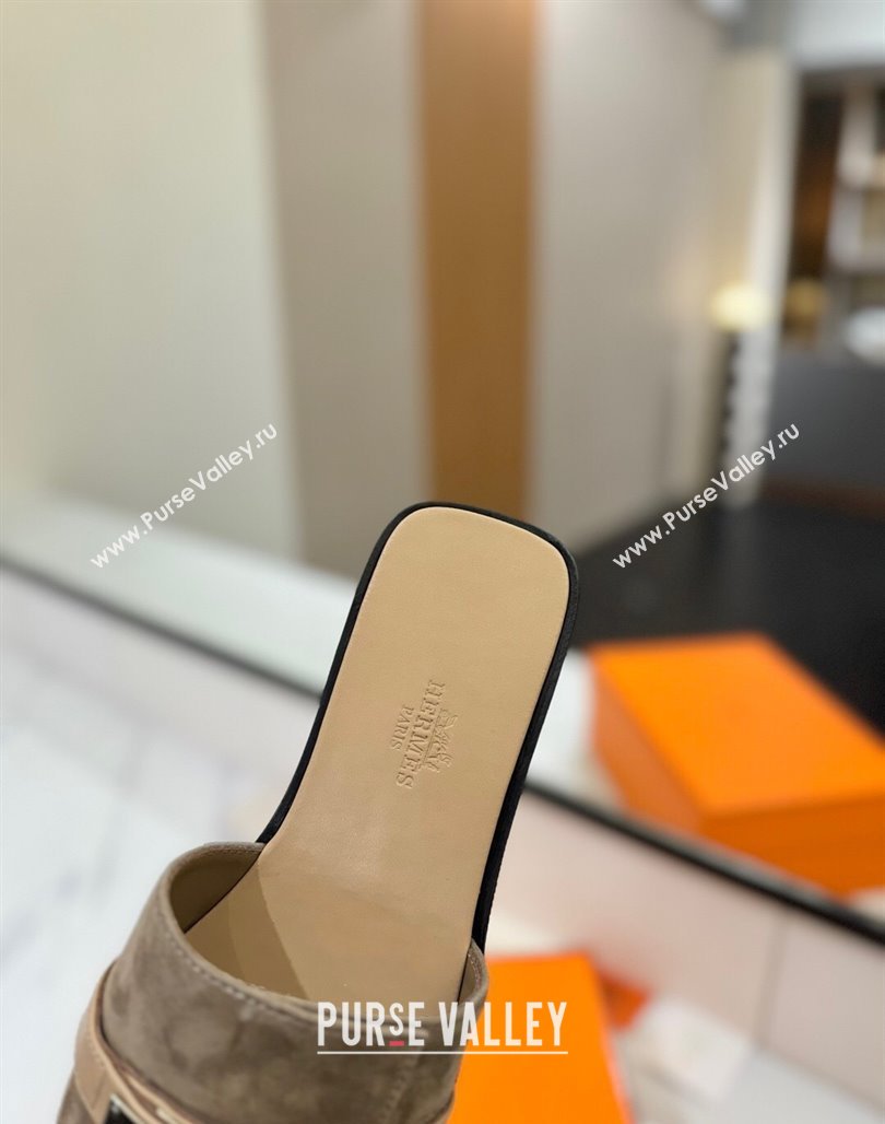 Hermes Giulia Flat Slides Sandal in Suede with Kelly Buckle Strap Grey 2025 0421 (MD-250421049)