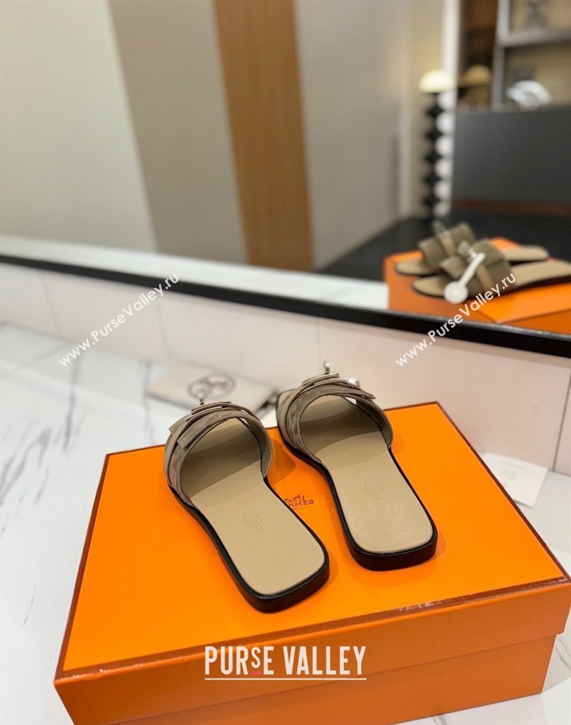 Hermes Giulia Flat Slides Sandal in Suede with Kelly Buckle Strap Grey 2025 0421 (MD-250421049)