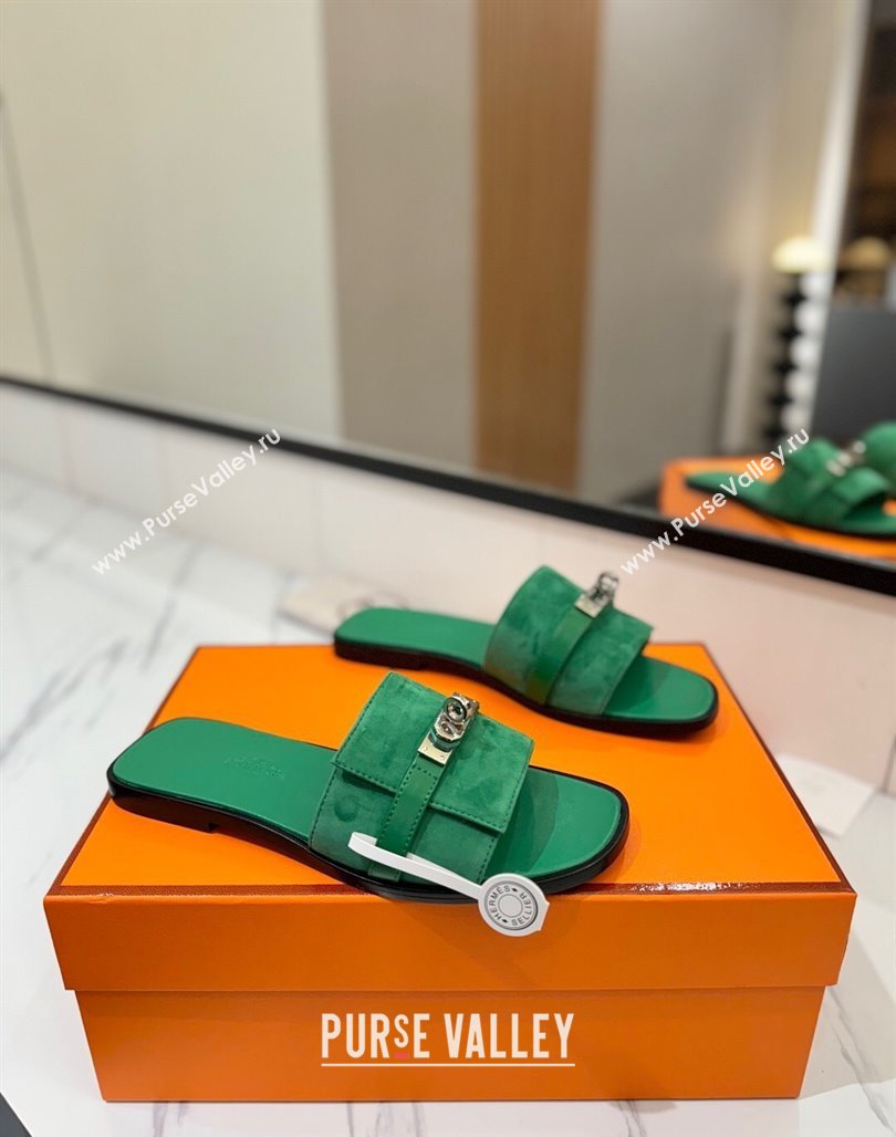 Hermes Giulia Flat Slides Sandal in Suede with Kelly Buckle Strap Green 2025 0421 (MD-250421050)