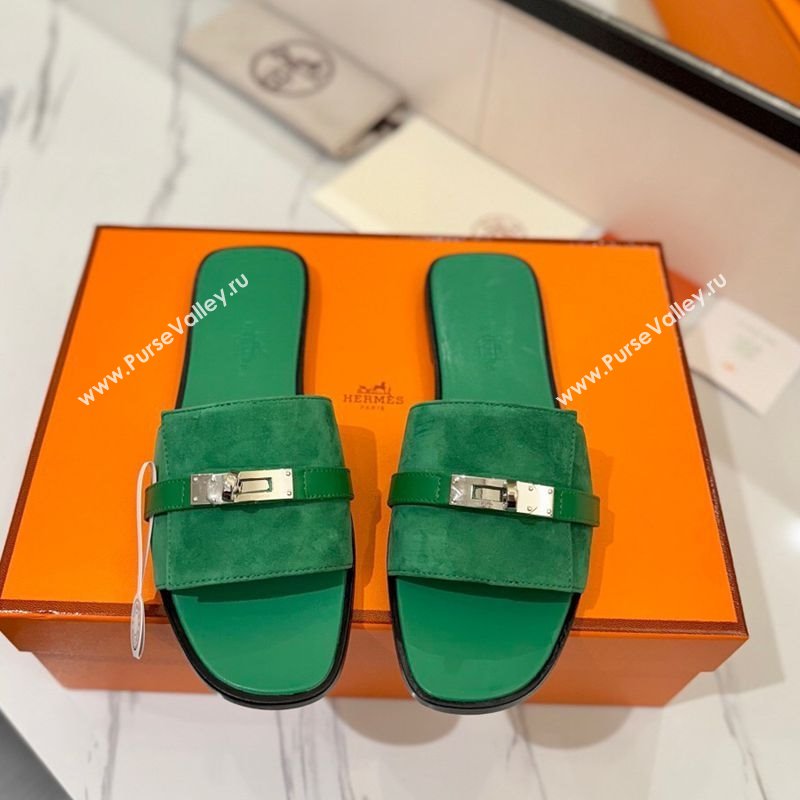 Hermes Giulia Flat Slides Sandal in Suede with Kelly Buckle Strap Green 2025 0421 (MD-250421050)