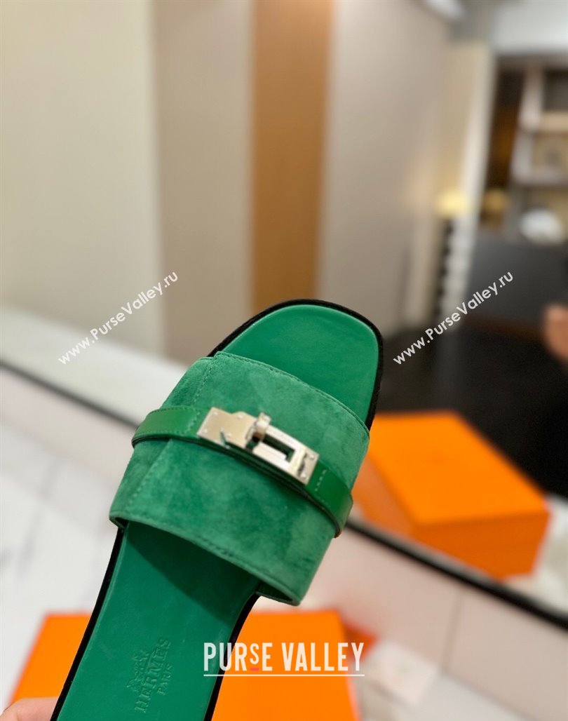 Hermes Giulia Flat Slides Sandal in Suede with Kelly Buckle Strap Green 2025 0421 (MD-250421050)