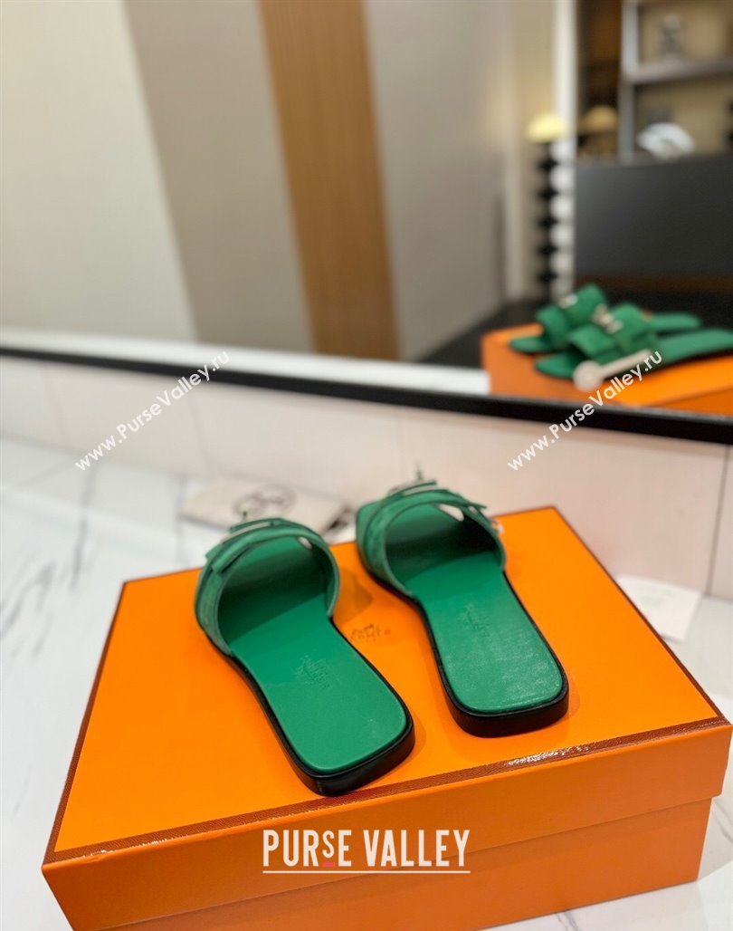 Hermes Giulia Flat Slides Sandal in Suede with Kelly Buckle Strap Green 2025 0421 (MD-250421050)