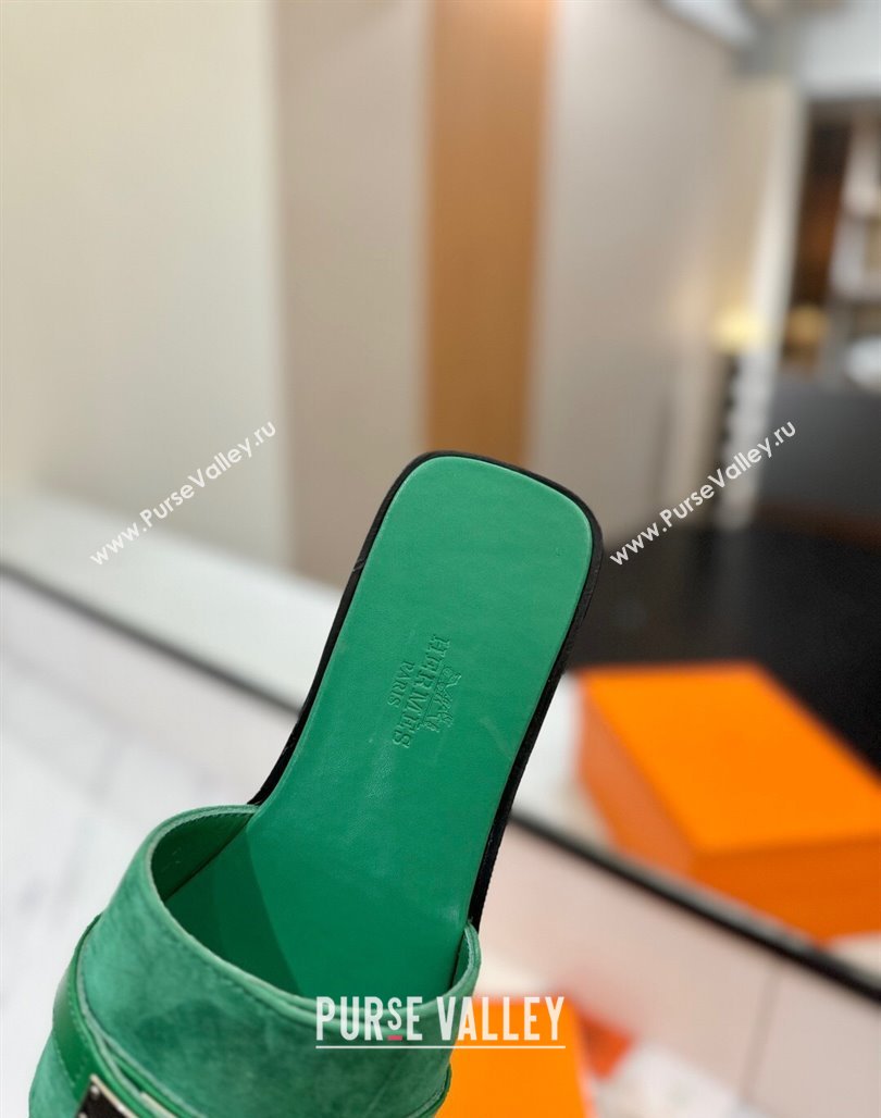 Hermes Giulia Flat Slides Sandal in Suede with Kelly Buckle Strap Green 2025 0421 (MD-250421050)