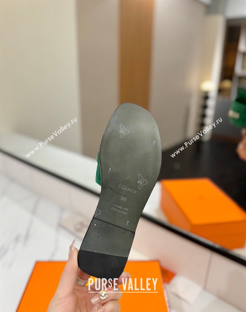 Hermes Giulia Flat Slides Sandal in Suede with Kelly Buckle Strap Green 2025 0421 (MD-250421050)