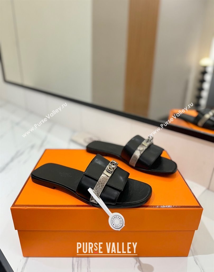 Hermes Giulia Flat Slides Sandal in Calfskin Leather with Kelly Buckle Strap Black 2025 0421 (MD-250421051)