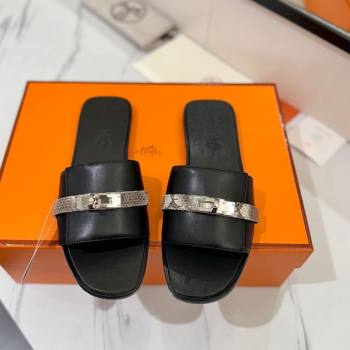 Hermes Giulia Flat Slides Sandal in Calfskin Leather with Kelly Buckle Strap Black 2025 0421 (MD-250421051)