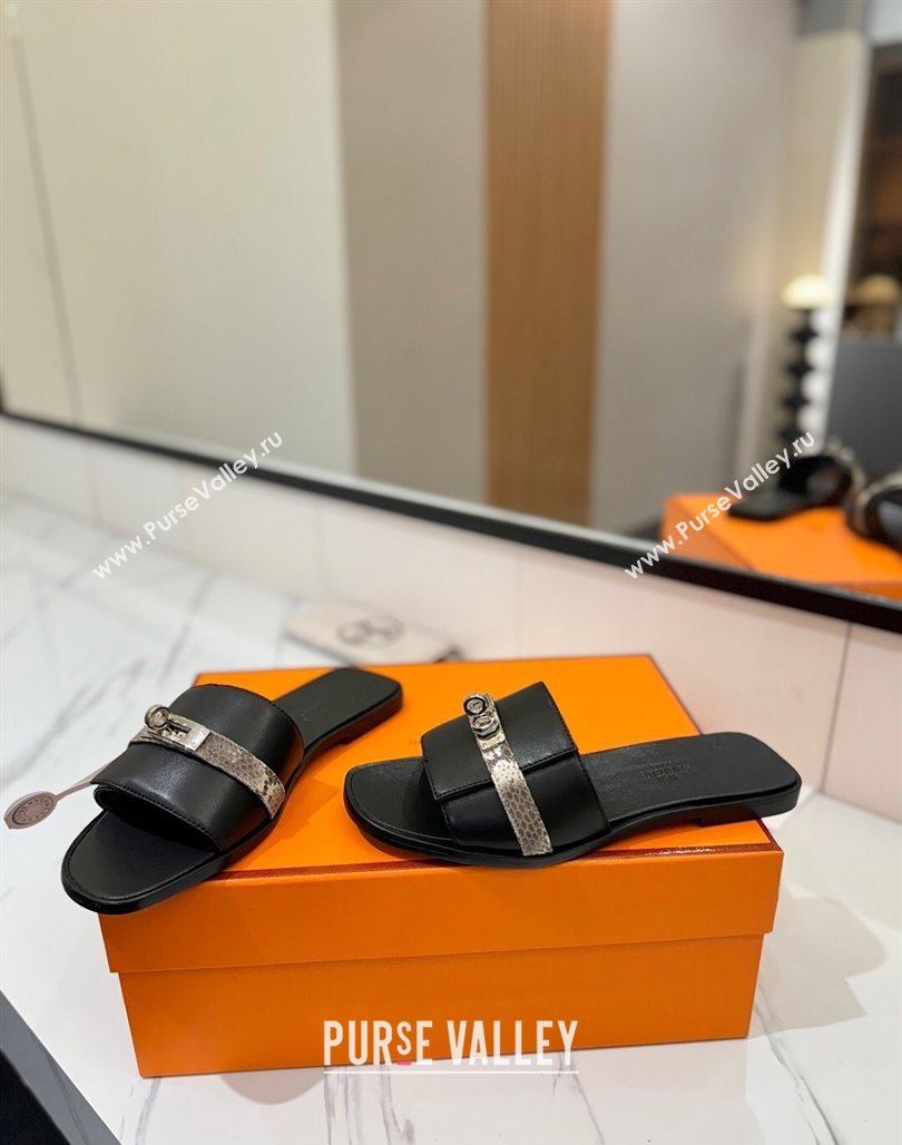 Hermes Giulia Flat Slides Sandal in Calfskin Leather with Kelly Buckle Strap Black 2025 0421 (MD-250421051)