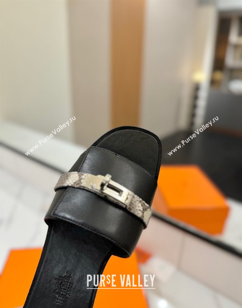 Hermes Giulia Flat Slides Sandal in Calfskin Leather with Kelly Buckle Strap Black 2025 0421 (MD-250421051)