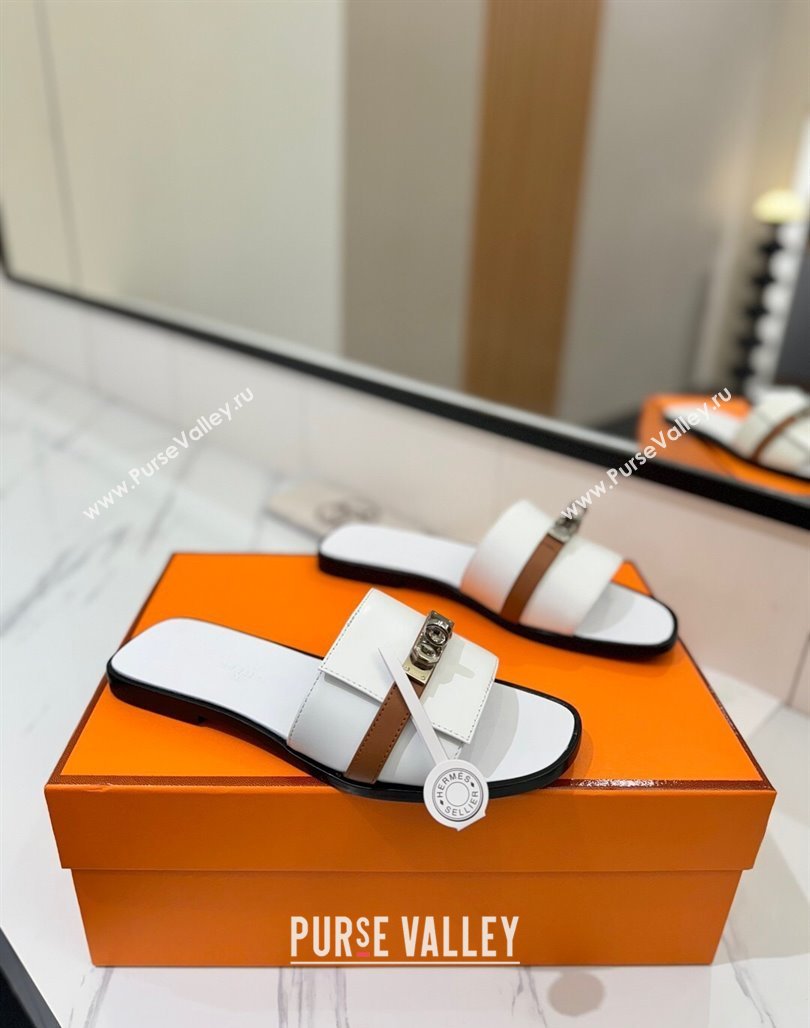 Hermes Giulia Flat Slides Sandal in Calfskin Leather with Kelly Buckle Strap White 2025 0421 (MD-250421052)