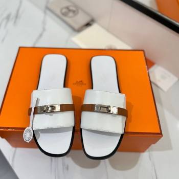 Hermes Giulia Flat Slides Sandal in Calfskin Leather with Kelly Buckle Strap White 2025 0421 (MD-250421052)