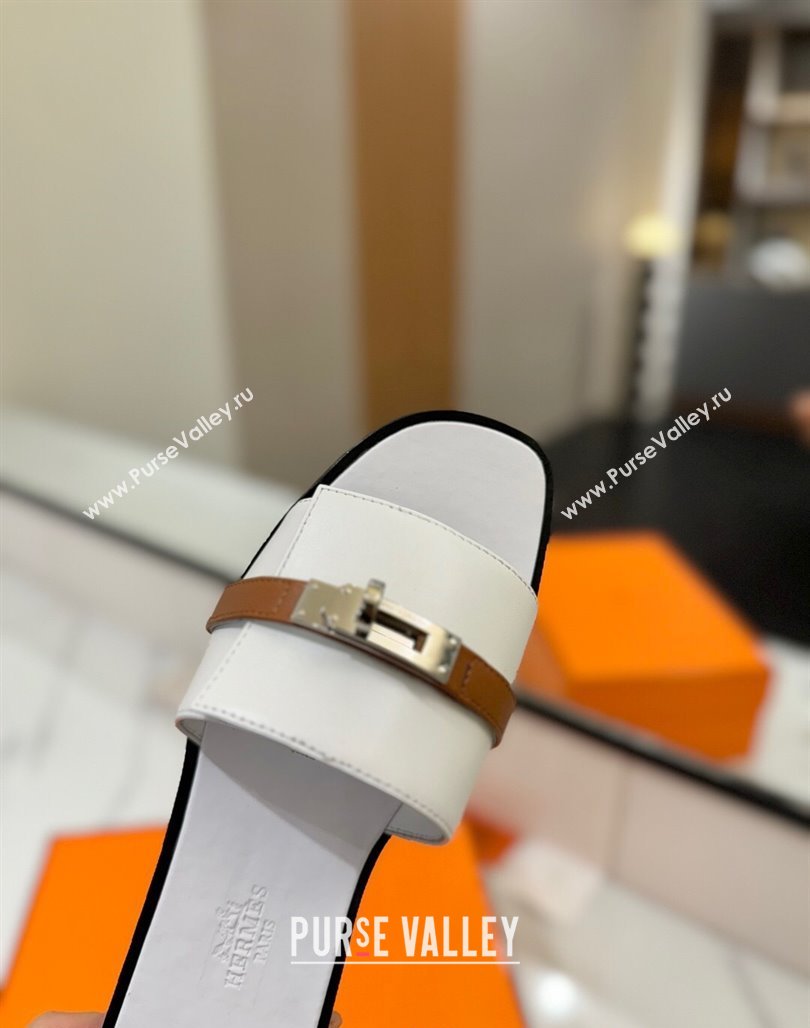 Hermes Giulia Flat Slides Sandal in Calfskin Leather with Kelly Buckle Strap White 2025 0421 (MD-250421052)