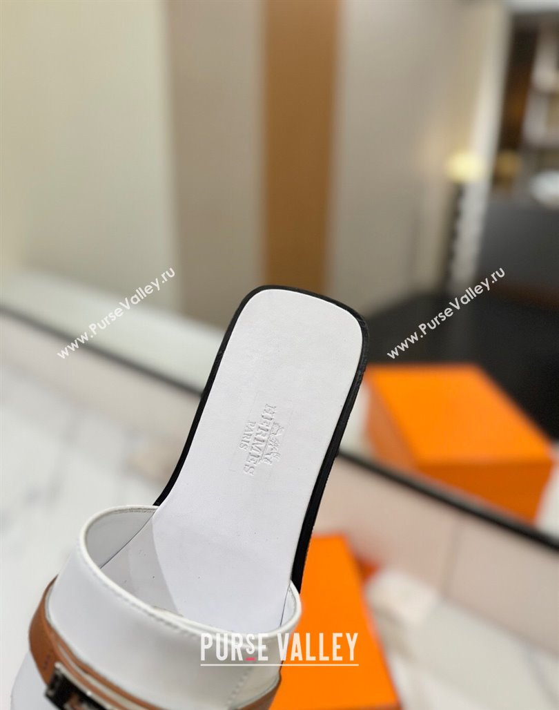Hermes Giulia Flat Slides Sandal in Calfskin Leather with Kelly Buckle Strap White 2025 0421 (MD-250421052)