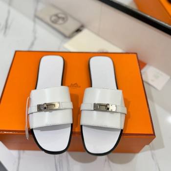 Hermes Giulia Flat Slides Sandal in Smooth Calfskin with Kelly Buckle Strap White 2025 0421 (MD-250421055)