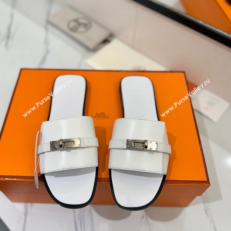 Hermes Giulia Flat Slides Sandal in Smooth Calfskin with Kelly Buckle Strap White 2025 0421 (MD-250421055)