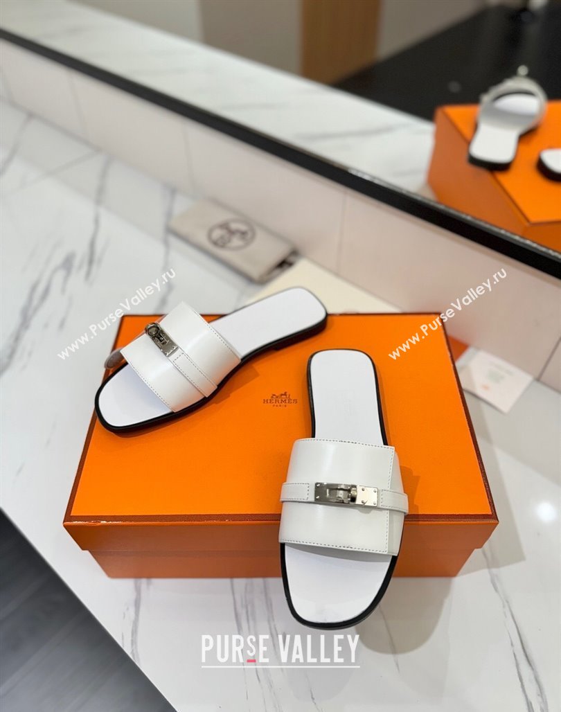 Hermes Giulia Flat Slides Sandal in Smooth Calfskin with Kelly Buckle Strap White 2025 0421 (MD-250421055)