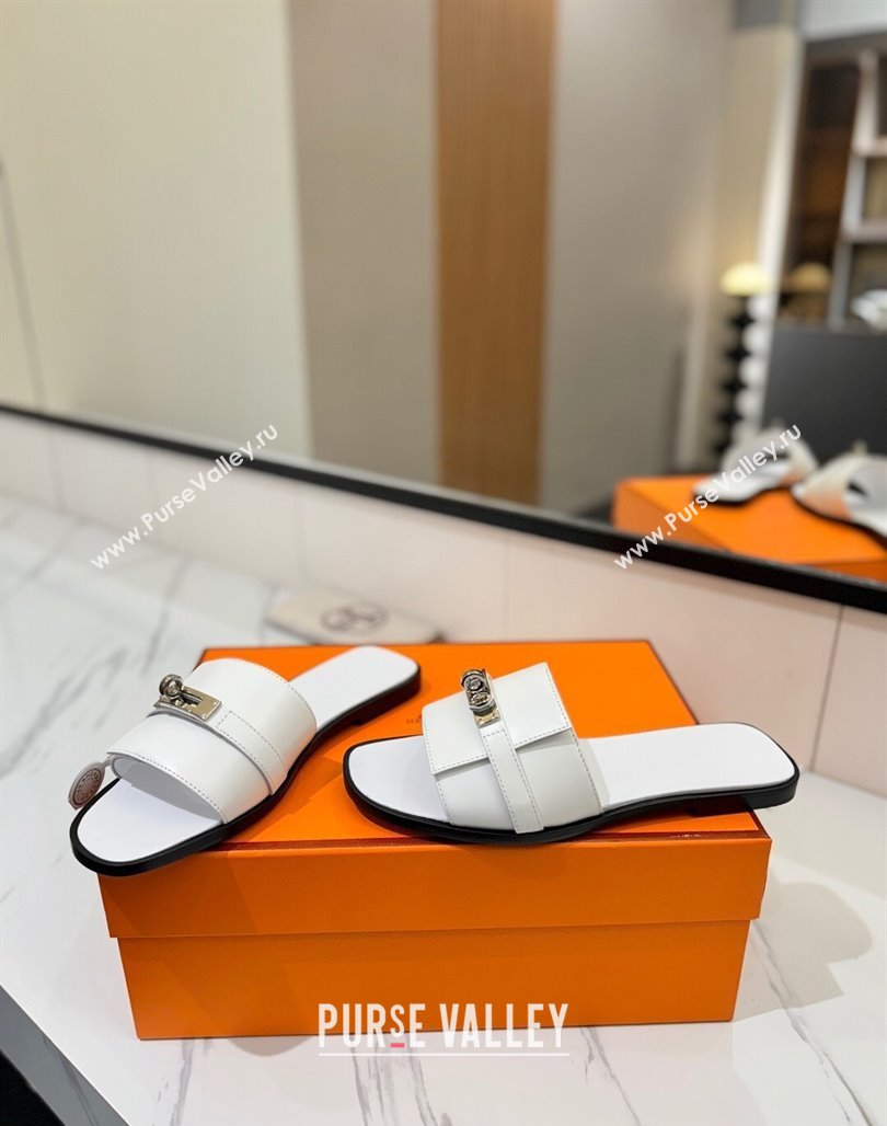 Hermes Giulia Flat Slides Sandal in Smooth Calfskin with Kelly Buckle Strap White 2025 0421 (MD-250421055)