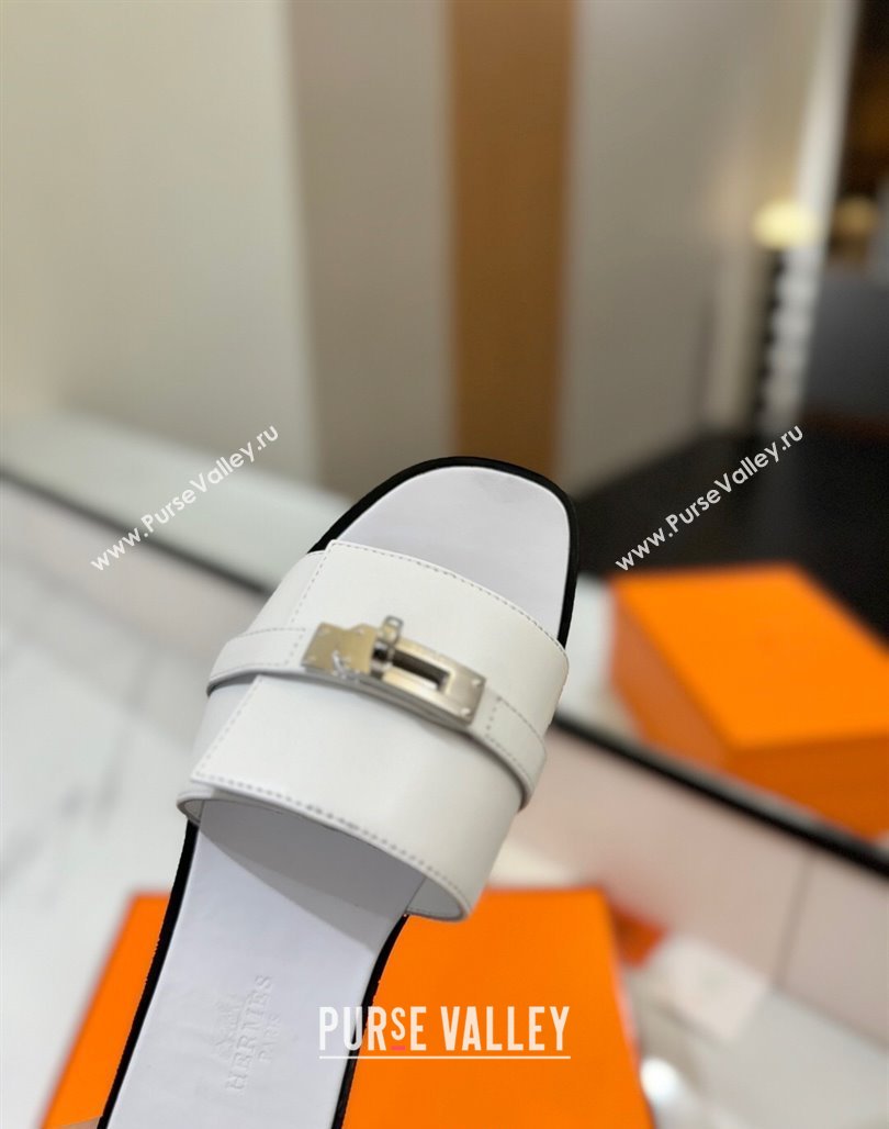 Hermes Giulia Flat Slides Sandal in Smooth Calfskin with Kelly Buckle Strap White 2025 0421 (MD-250421055)