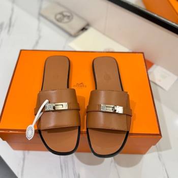 Hermes Giulia Flat Slides Sandal in Smooth Calfskin with Kelly Buckle Strap Brown 2025 0421 (MD-250421057)