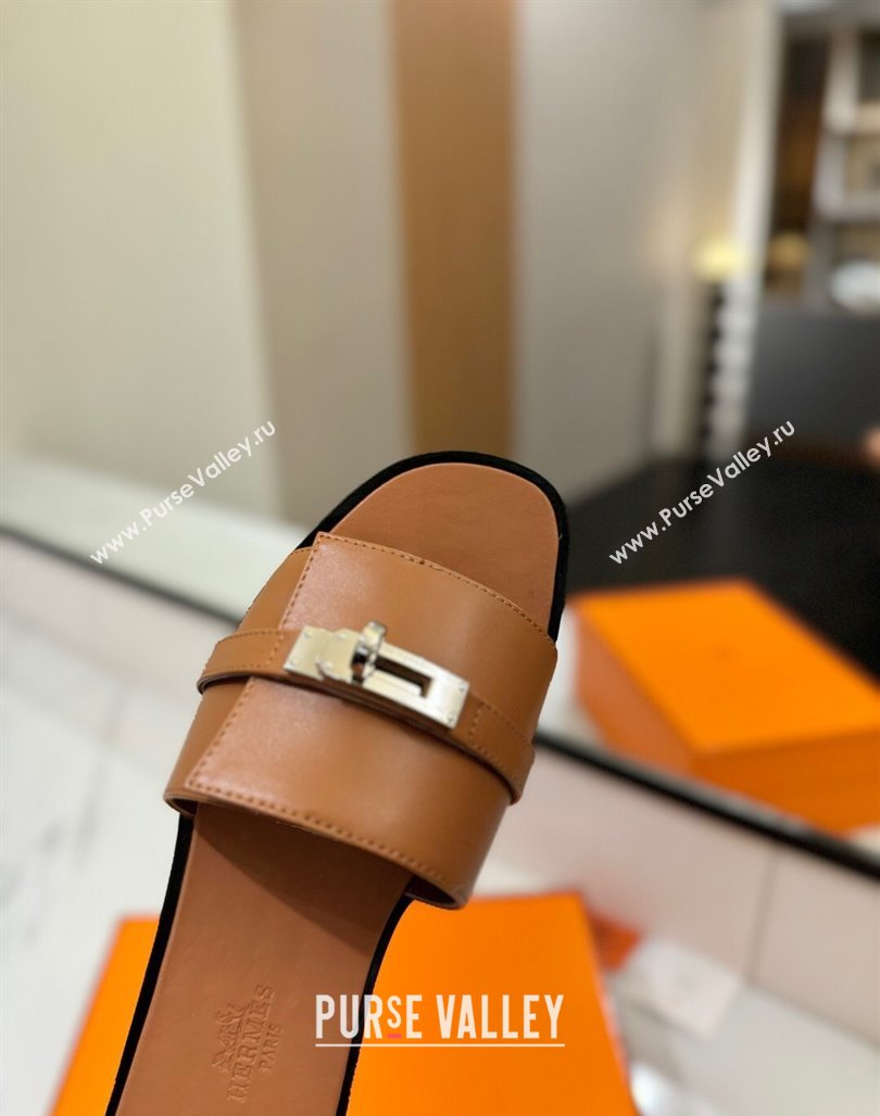Hermes Giulia Flat Slides Sandal in Smooth Calfskin with Kelly Buckle Strap Brown 2025 0421 (MD-250421057)