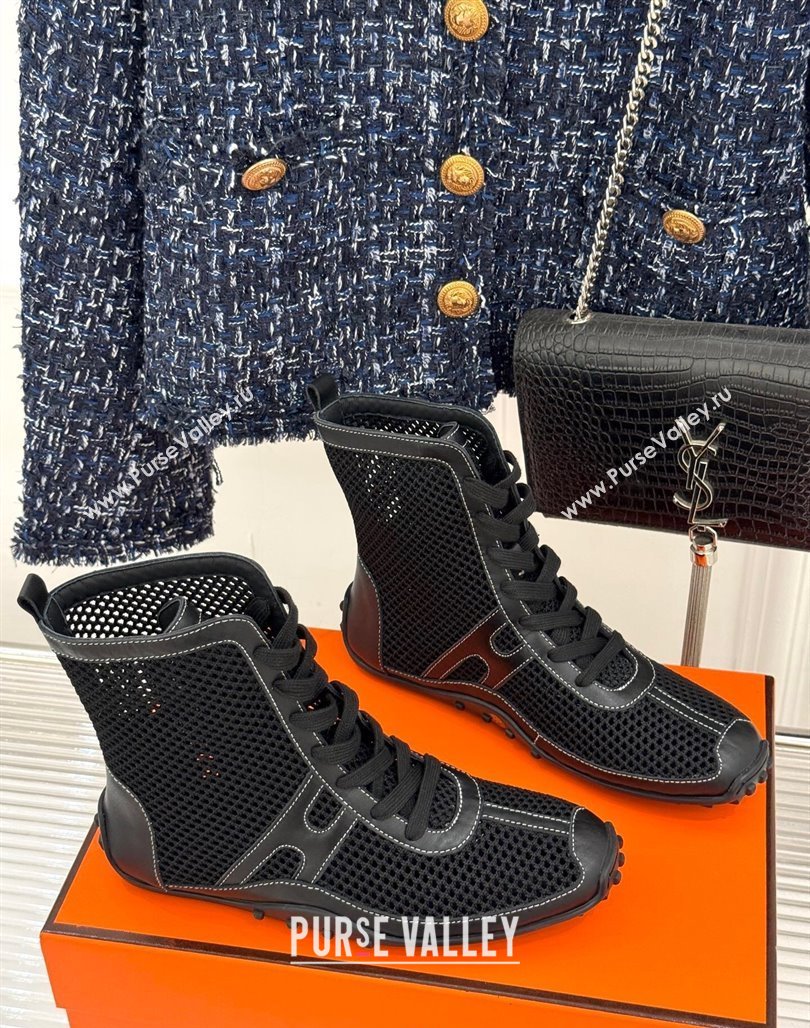 Hermes Kiatsu High-top Sneakers in Crochet Knit Mesh and Calfskin Black 2025 0421 (MD-250421015)