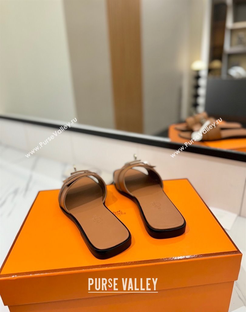 Hermes Giulia Flat Slides Sandal in Smooth Calfskin with Kelly Buckle Strap Brown 2025 0421 (MD-250421057)