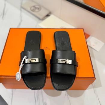Hermes Giulia Flat Slides Sandal in Smooth Calfskin with Kelly Buckle Strap Black 2025 0421 (MD-250421059)