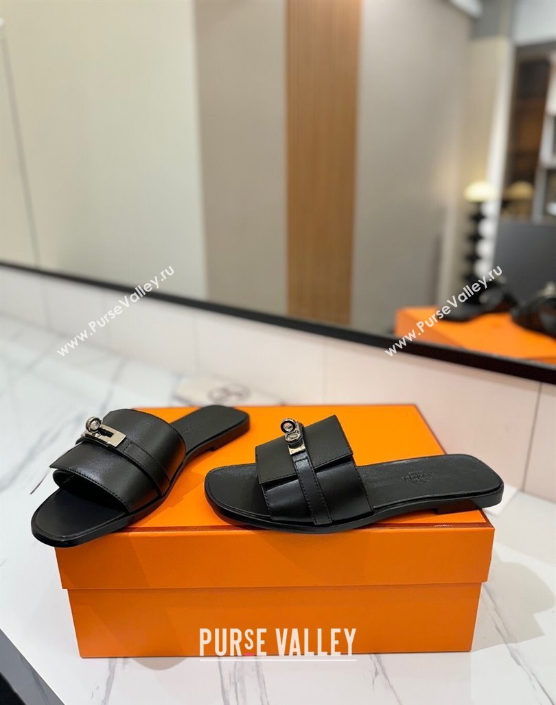 Hermes Giulia Flat Slides Sandal in Smooth Calfskin with Kelly Buckle Strap Black 2025 0421 (MD-250421059)