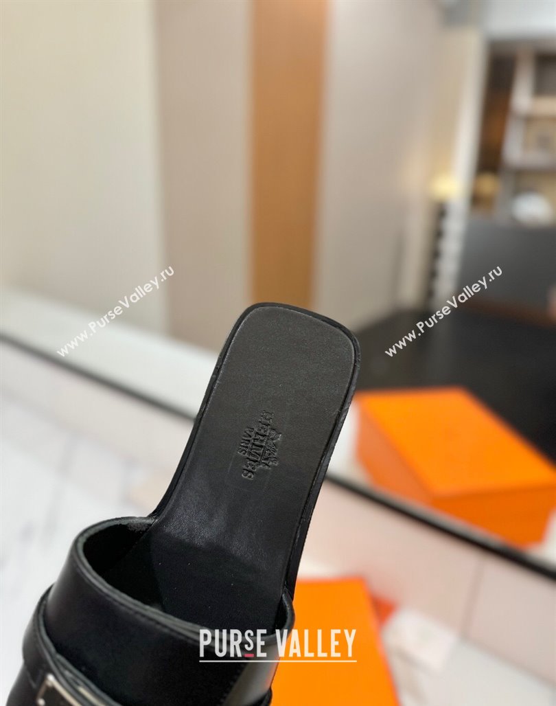 Hermes Giulia Flat Slides Sandal in Smooth Calfskin with Kelly Buckle Strap Black 2025 0421 (MD-250421059)