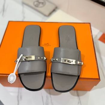 Hermes Giulia Flat Slides Sandal in Calfskin Leather with Kelly Buckle and Studs Grey 2025 0421 (MD-250421019)