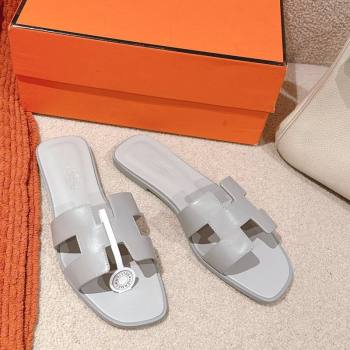 Hermes Oran Classic Flat Slides Sandal in Smooth Calfskin Light Grey 2025 0421 (MD-250421061)