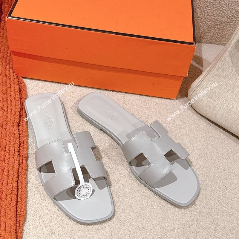 Hermes Oran Classic Flat Slides Sandal in Smooth Calfskin Light Grey 2025 0421 (MD-250421061)