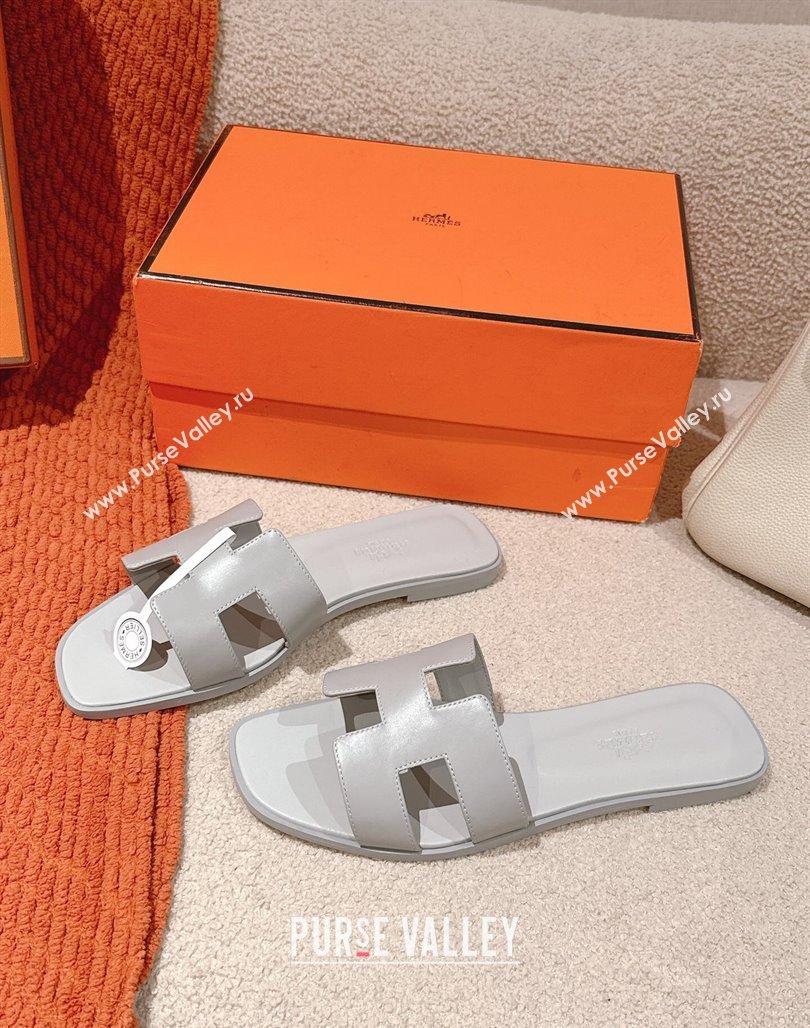 Hermes Oran Classic Flat Slides Sandal in Smooth Calfskin Light Grey 2025 0421 (MD-250421061)