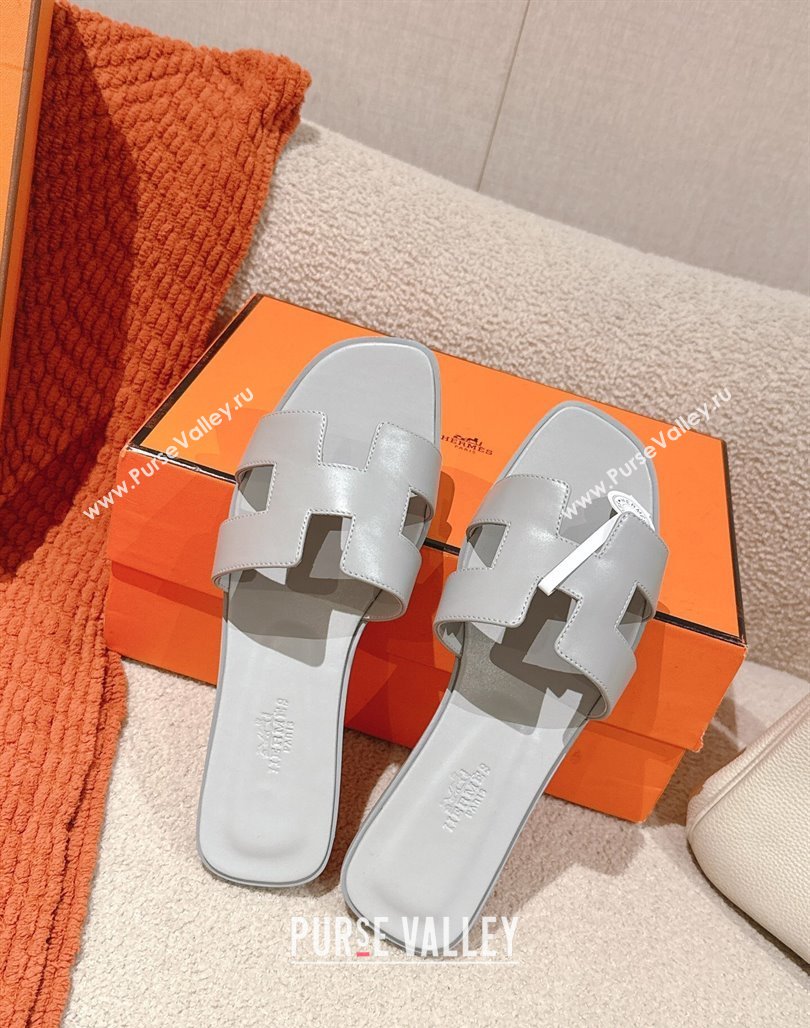 Hermes Oran Classic Flat Slides Sandal in Smooth Calfskin Light Grey 2025 0421 (MD-250421061)