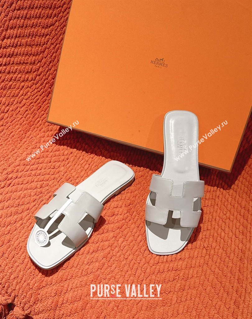 Hermes Oran Classic Flat Slides Sandal in Smooth Calfskin Light Grey 2025 0421 (MD-250421061)