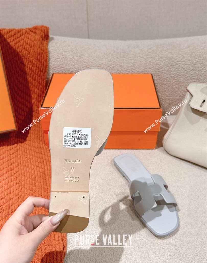 Hermes Oran Classic Flat Slides Sandal in Smooth Calfskin Light Grey 2025 0421 (MD-250421061)