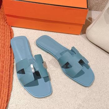 Hermes Oran Classic Flat Slides Sandal in Smooth Calfskin Light Blue 2025 0421 (MD-250421065)