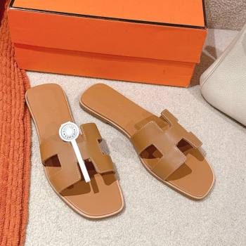 Hermes Oran Classic Flat Slides Sandal in Smooth Calfskin Light Brown 2025 0421 (MD-250421067)