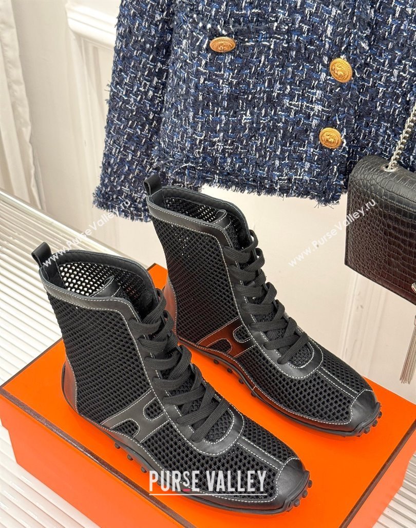 Hermes Kiatsu High-top Sneakers in Crochet Knit Mesh and Calfskin Black 2025 0421 (MD-250421015)